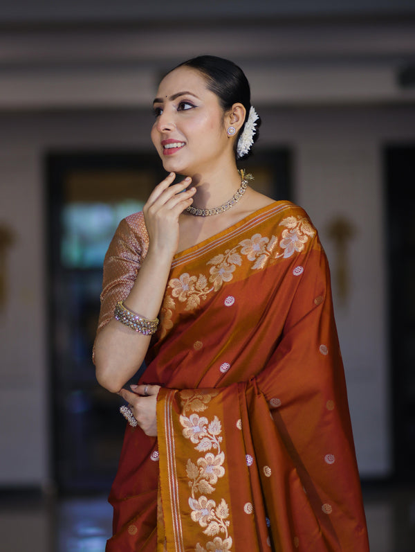 Banarasee Handloom Semi Silk Saree With Sona Rupa Zari Buti Design & Floral Border-Rust (Yellow Tone)