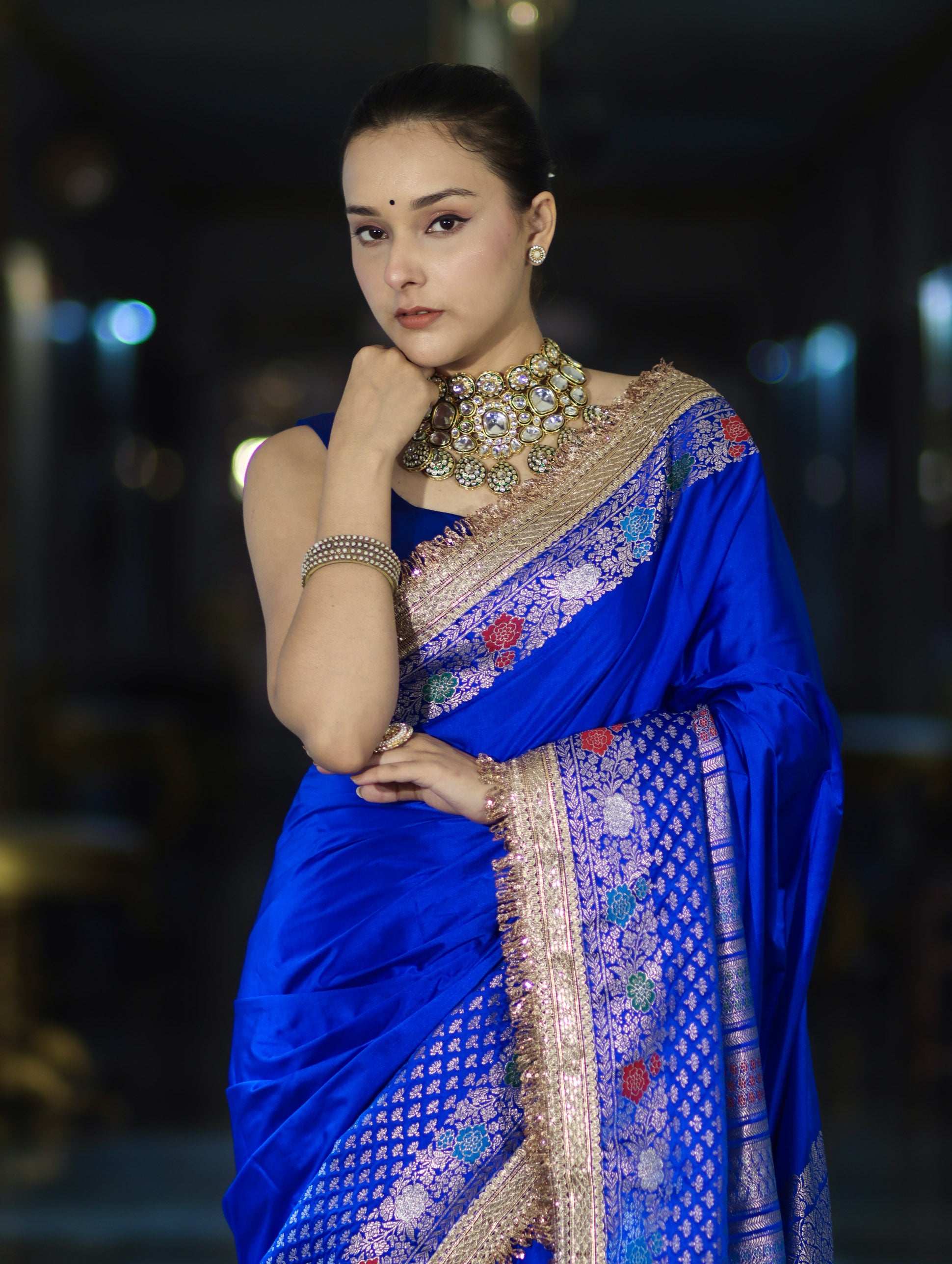 Banarasee Handloom Mashru Silk Saree With Meenadar Skirt Border & Lace-Blue