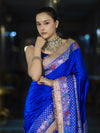 Banarasee Handloom Mashru Silk Saree With Meenadar Skirt Border & Lace-Blue