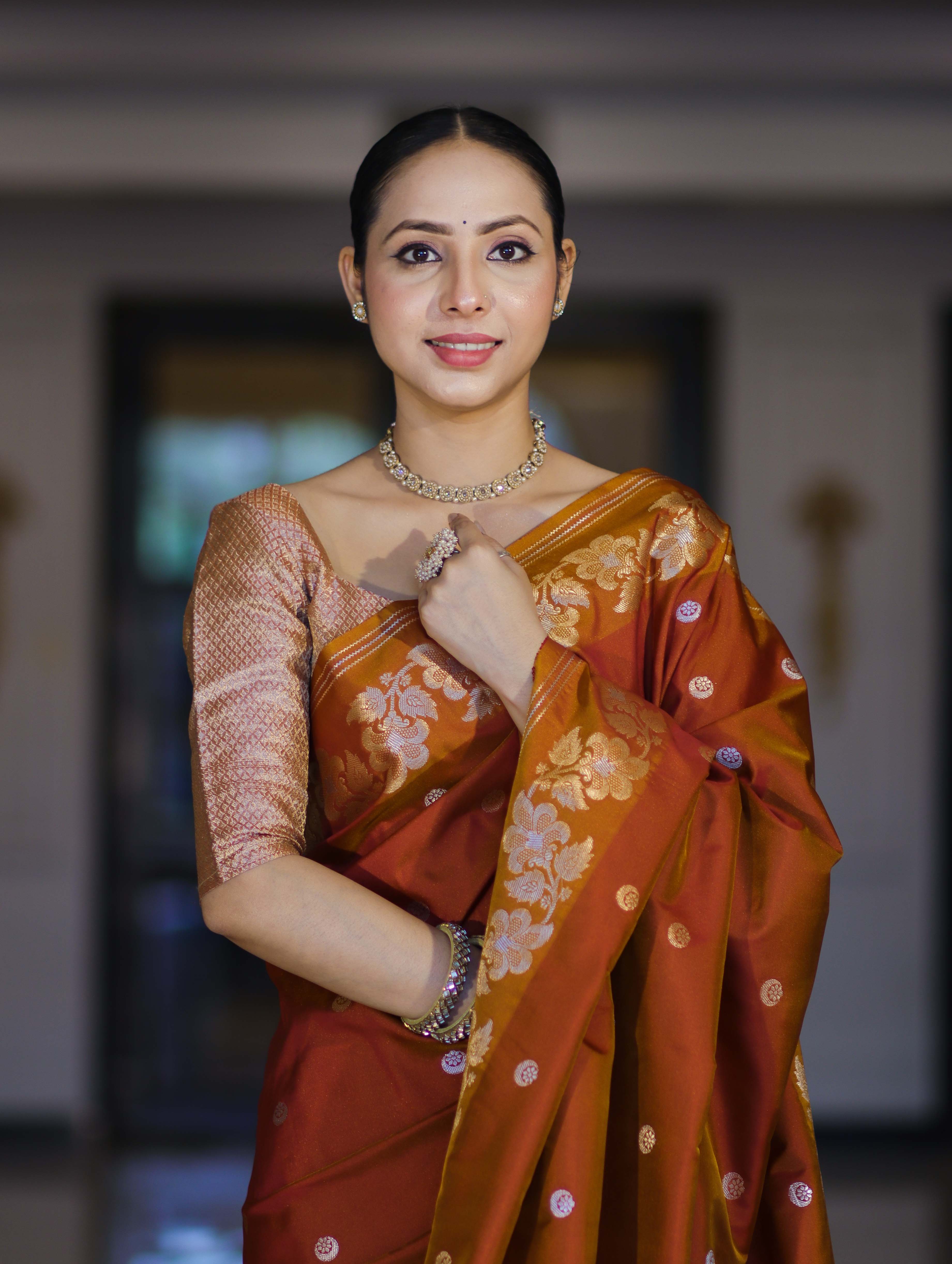 Banarasee Handloom Semi Silk Saree With Sona Rupa Zari Buti Design & Floral Border-Rust (Yellow Tone)