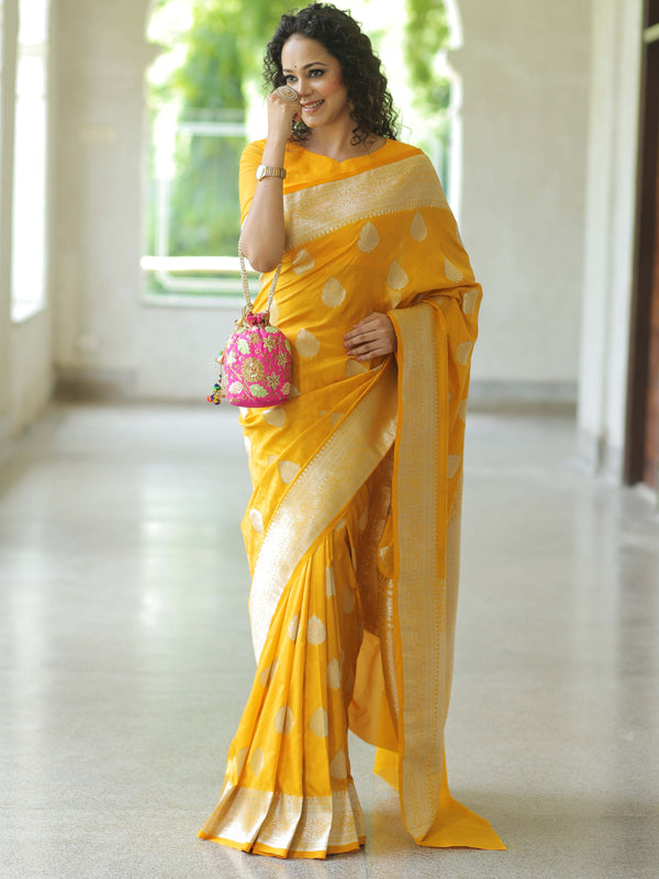 Banarasee Handwoven Semi-Katan Tanchoi Weaving Floral Border Saree-Yellow
