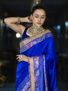 Banarasee Handloom Mashru Silk Saree With Meenadar Skirt Border & Lace-Blue