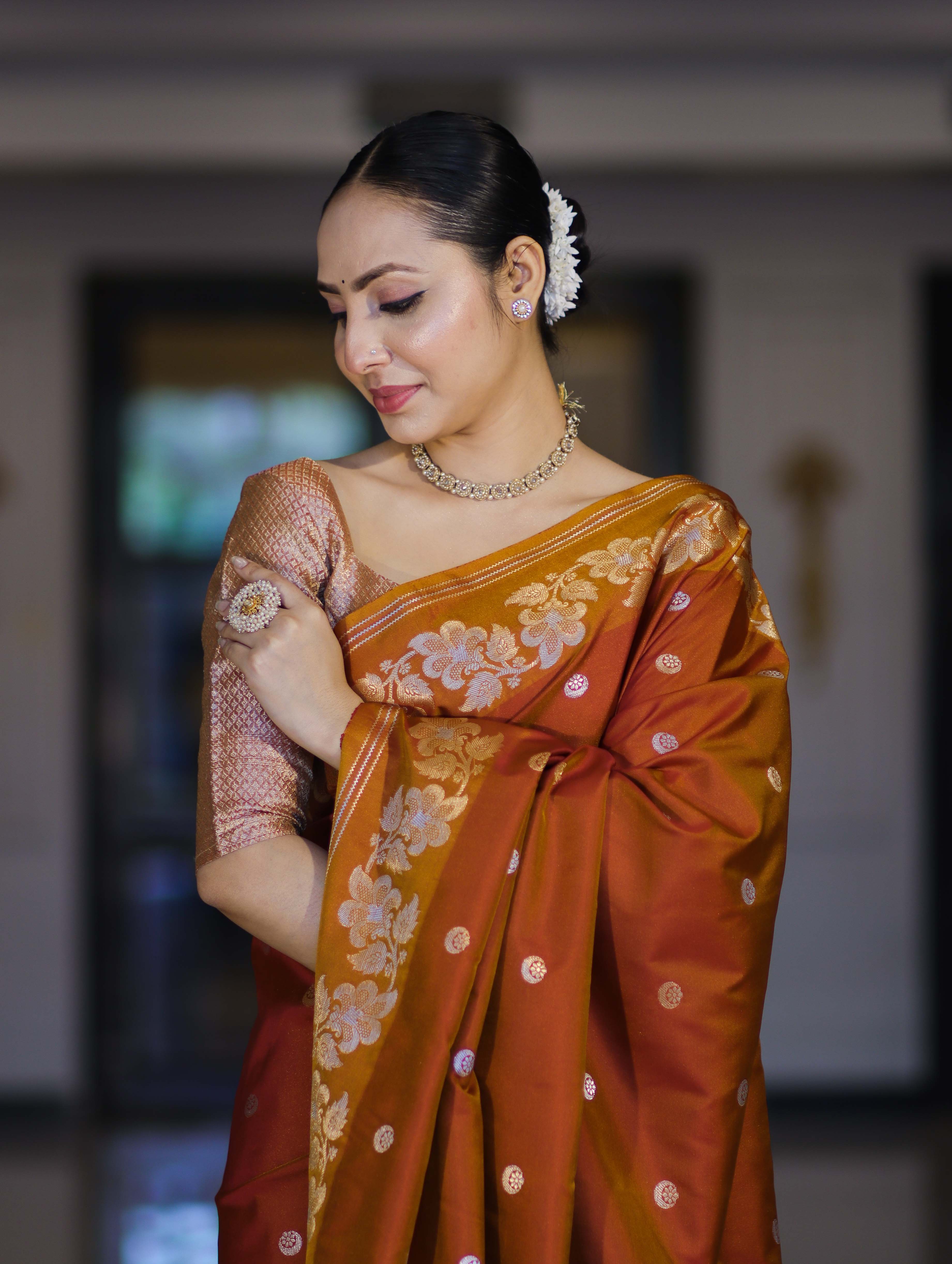 Banarasee Handloom Semi Silk Saree With Sona Rupa Zari Buti Design & Floral Border-Rust (Yellow Tone)