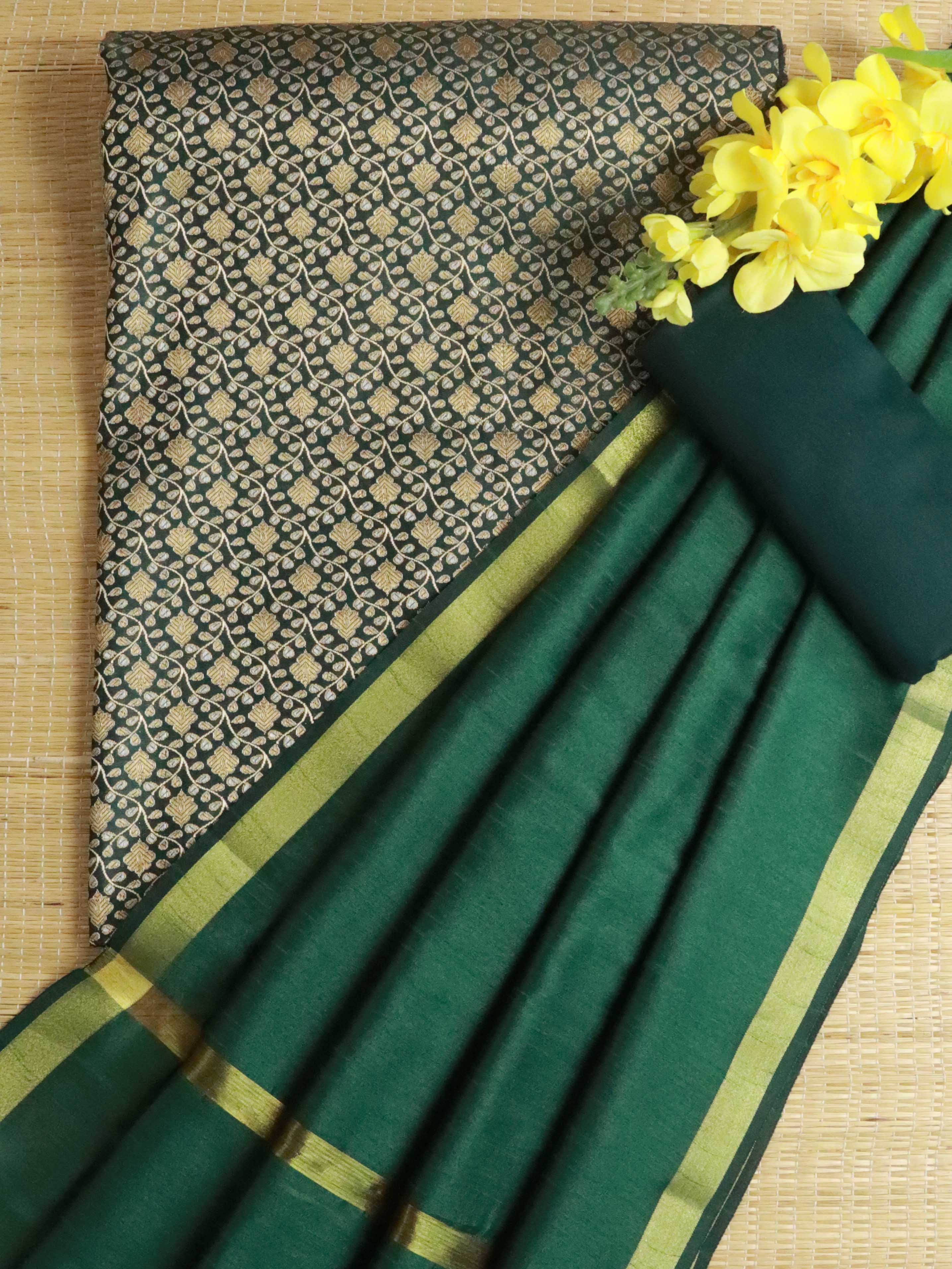 Banarasee Brocade Salwar Kameez Fabric With Art Silk Dupatta-Deep Green