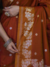 Banarasee Handloom Semi Silk Saree With Sona Rupa Zari Buti Design & Floral Border-Rust (Yellow Tone)