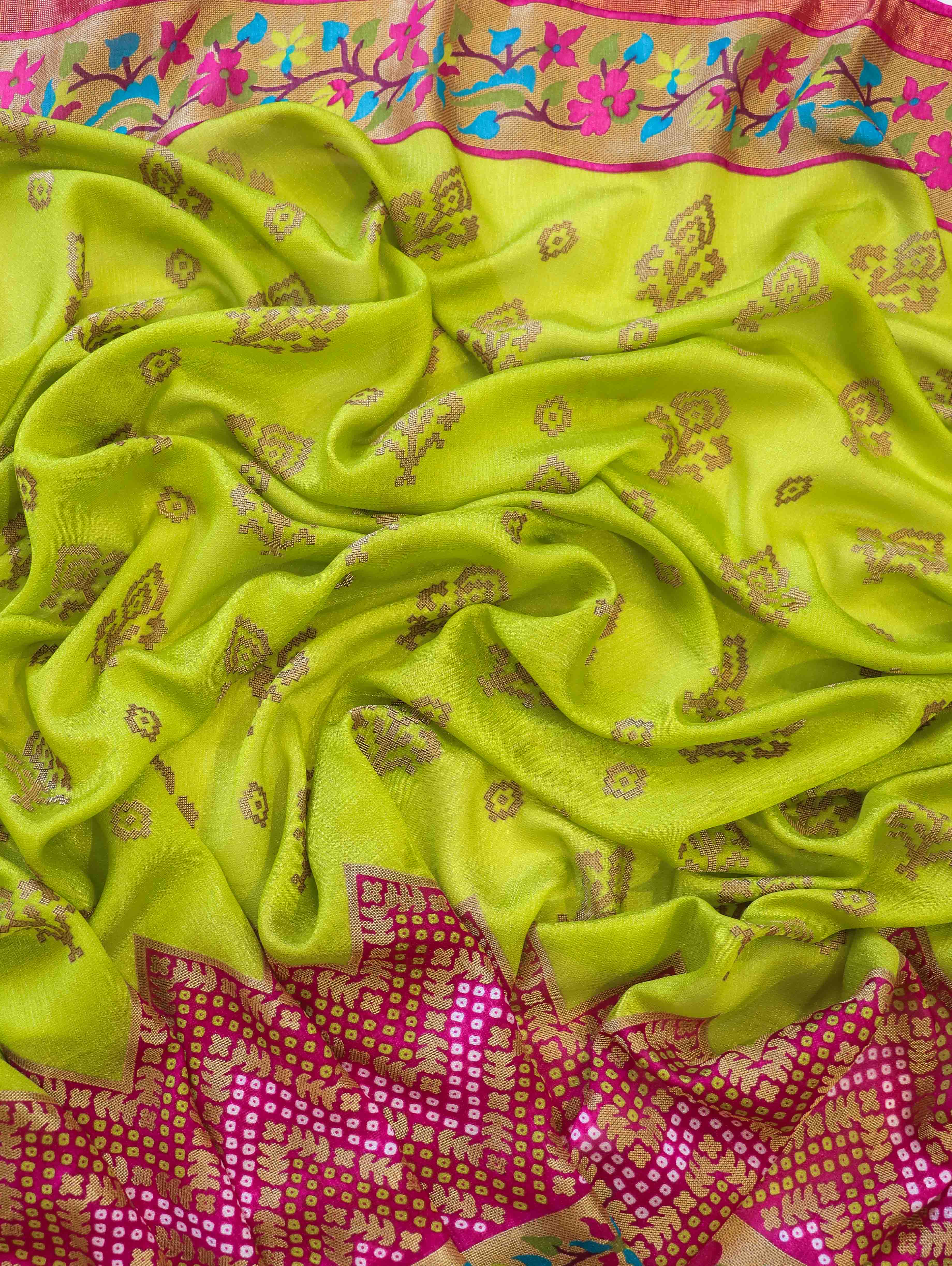 Banarasee Brasso Silk Patola Saree With Contrast Border & Embroidered Blouse-Lime Green & Pink
