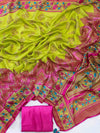 Banarasee Brasso Silk Patola Saree With Contrast Border & Embroidered Blouse-Lime Green & Pink