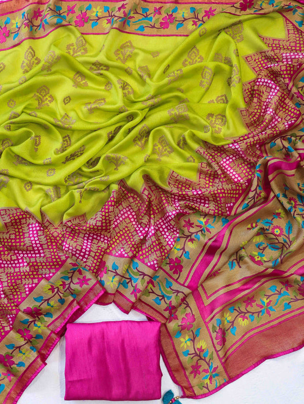 Banarasee Brasso Silk Patola Saree With Contrast Border & Embroidered Blouse-Lime Green & Pink