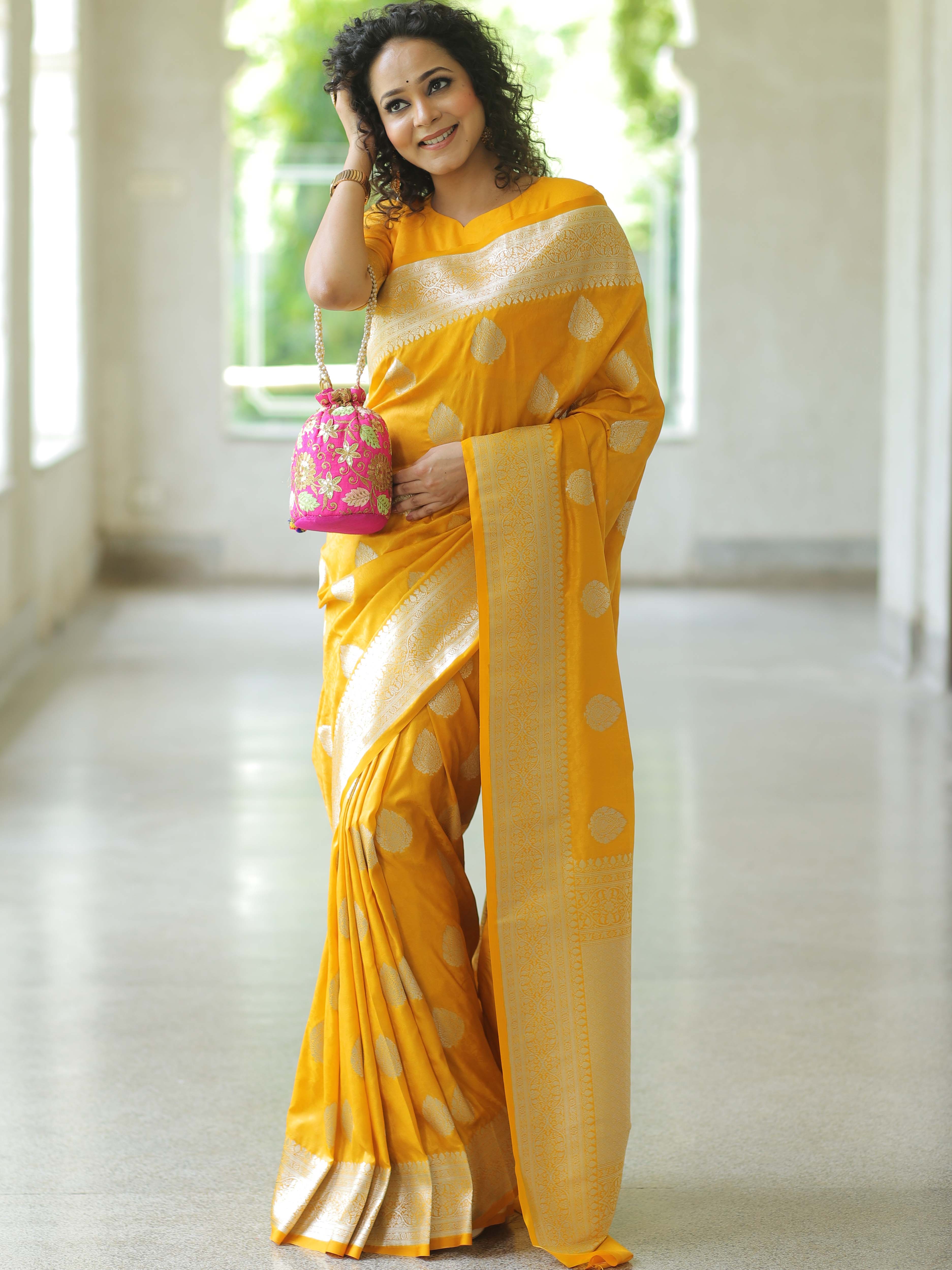 Banarasee Handwoven Semi-Katan Tanchoi Weaving Floral Border Saree-Yellow