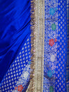 Banarasee Handloom Mashru Silk Saree With Meenadar Skirt Border & Lace-Blue