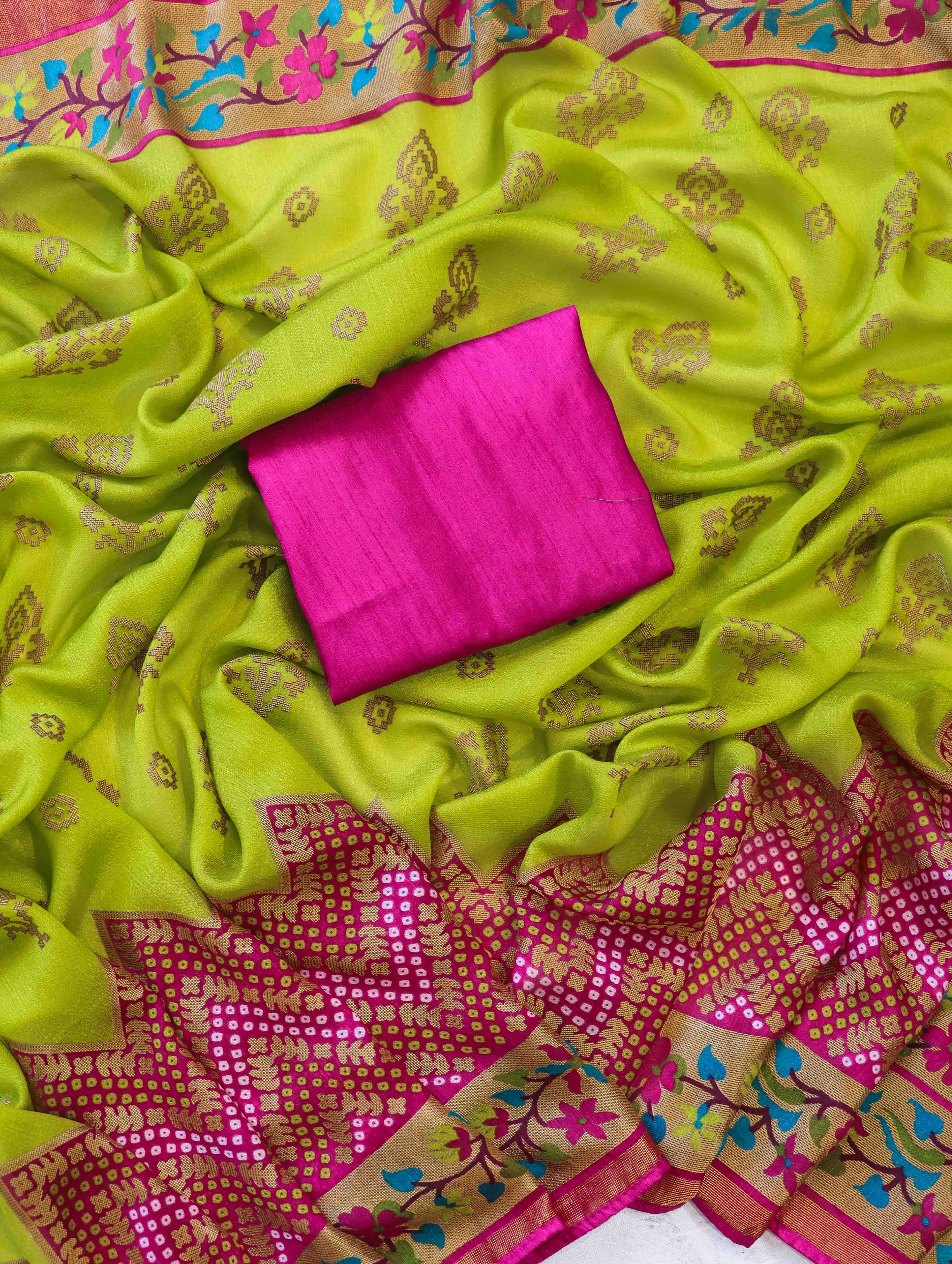 Banarasee Brasso Silk Patola Saree With Contrast Border & Embroidered Blouse-Lime Green & Pink