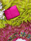Banarasee Brasso Silk Patola Saree With Contrast Border & Embroidered Blouse-Lime Green & Pink