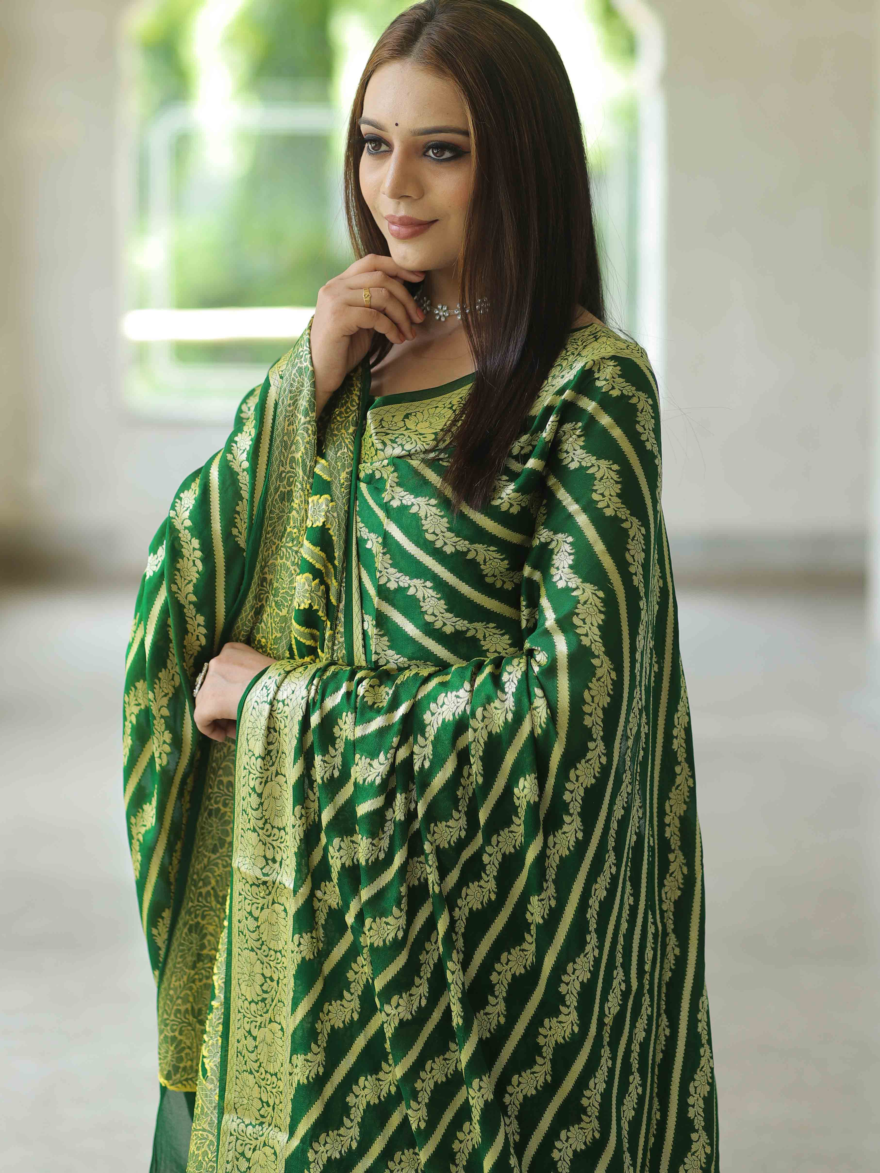 Banarasee Handloom Pure Chiffon Silk Kameez Fabric With Dupatta-Green