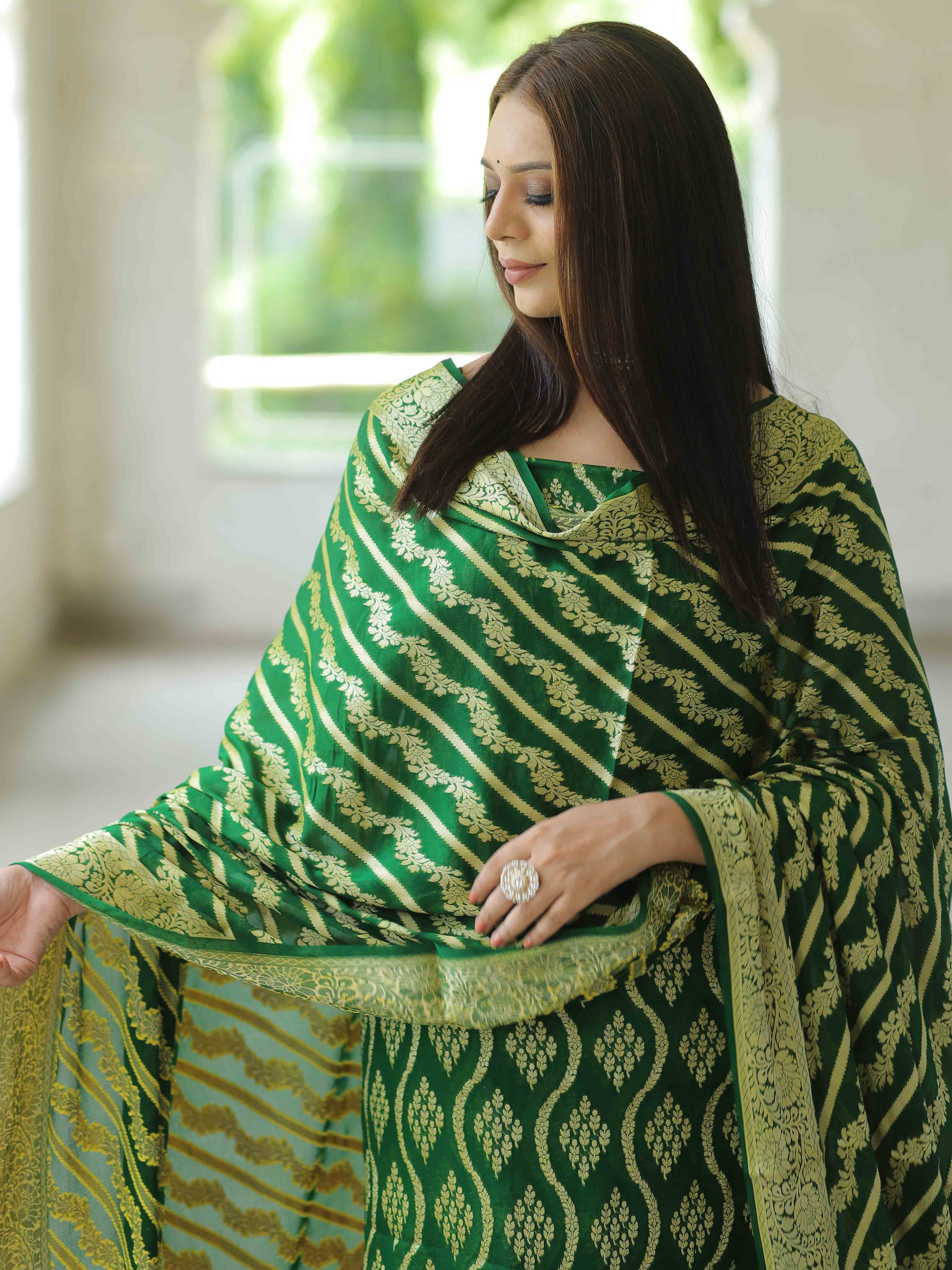 Banarasee Handloom Pure Chiffon Silk Kameez Fabric With Dupatta-Green