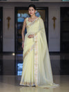 Banarasee Cotton Silk Plain Saree With Floral Zari Border-Light Yellow