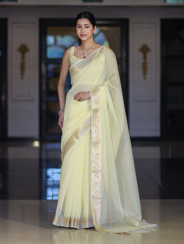 Banarasee Cotton Silk Plain Saree With Floral Zari Border-Light Yellow