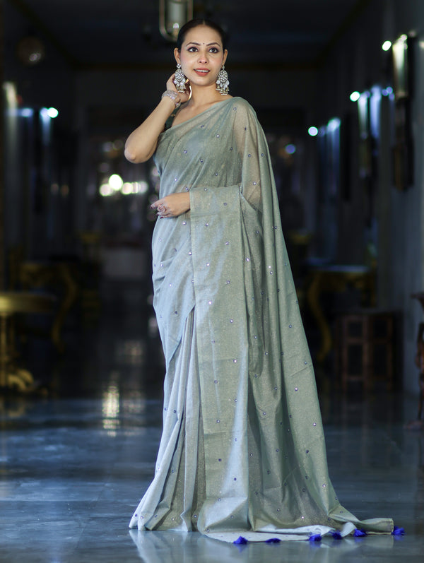 Banarasee Handwoven Semi Silk Shine Saree With Mirror Work-Light Green