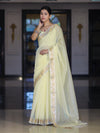 Banarasee Cotton Silk Plain Saree With Floral Zari Border-Light Yellow