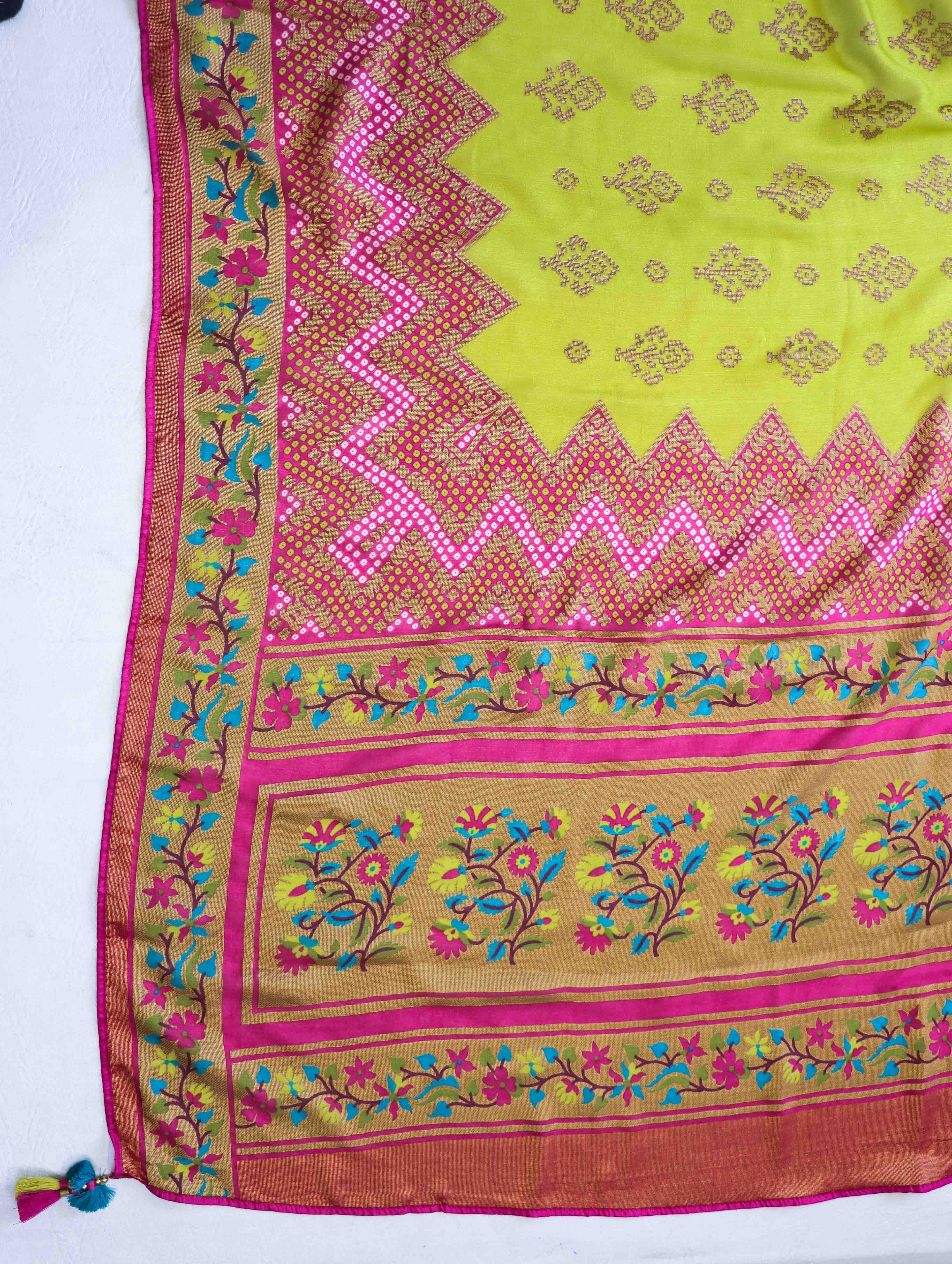 Banarasee Brasso Silk Patola Saree With Contrast Border & Embroidered Blouse-Lime Green & Pink