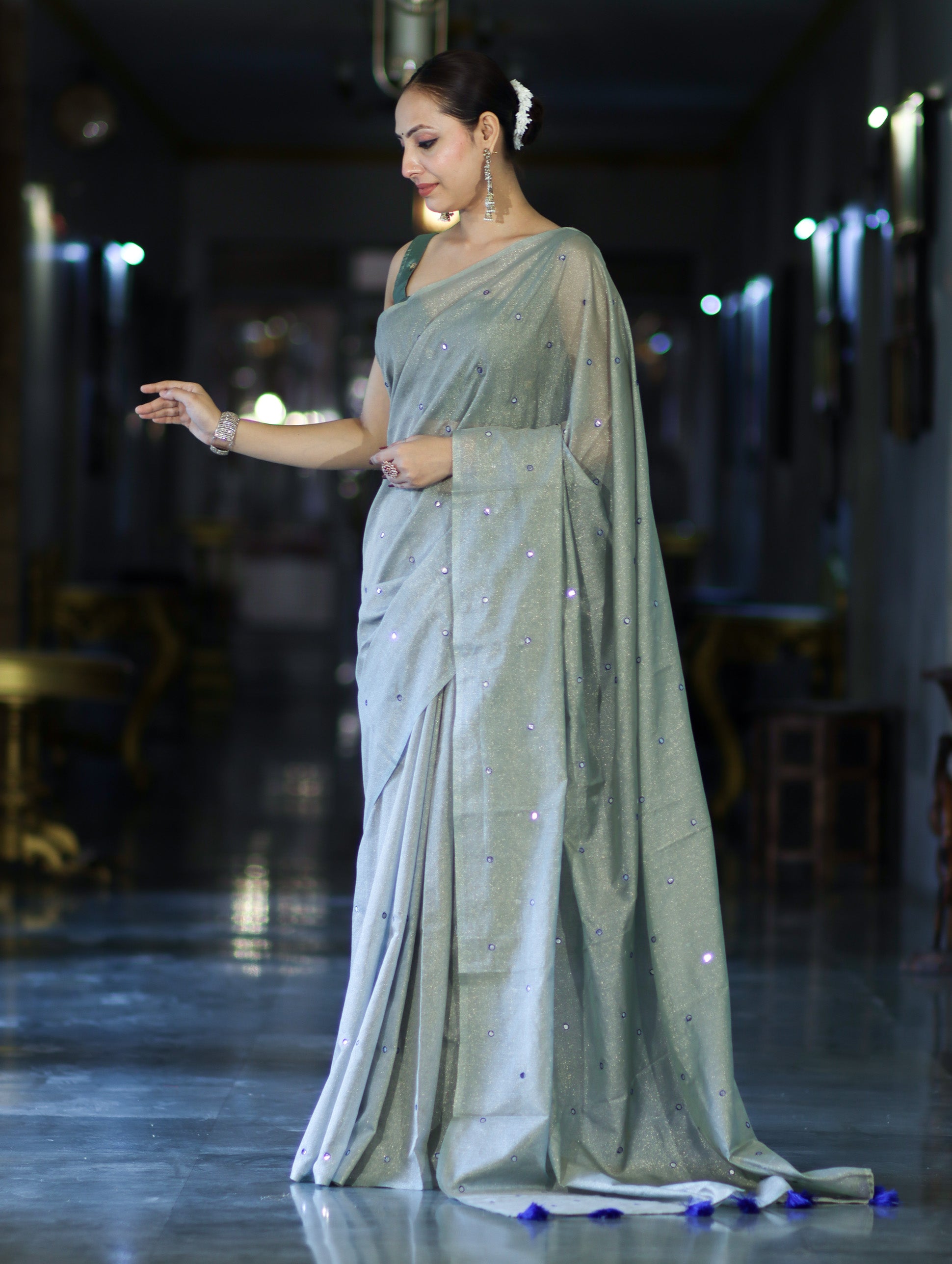 Banarasee Handwoven Semi Silk Shine Saree With Mirror Work-Light Green
