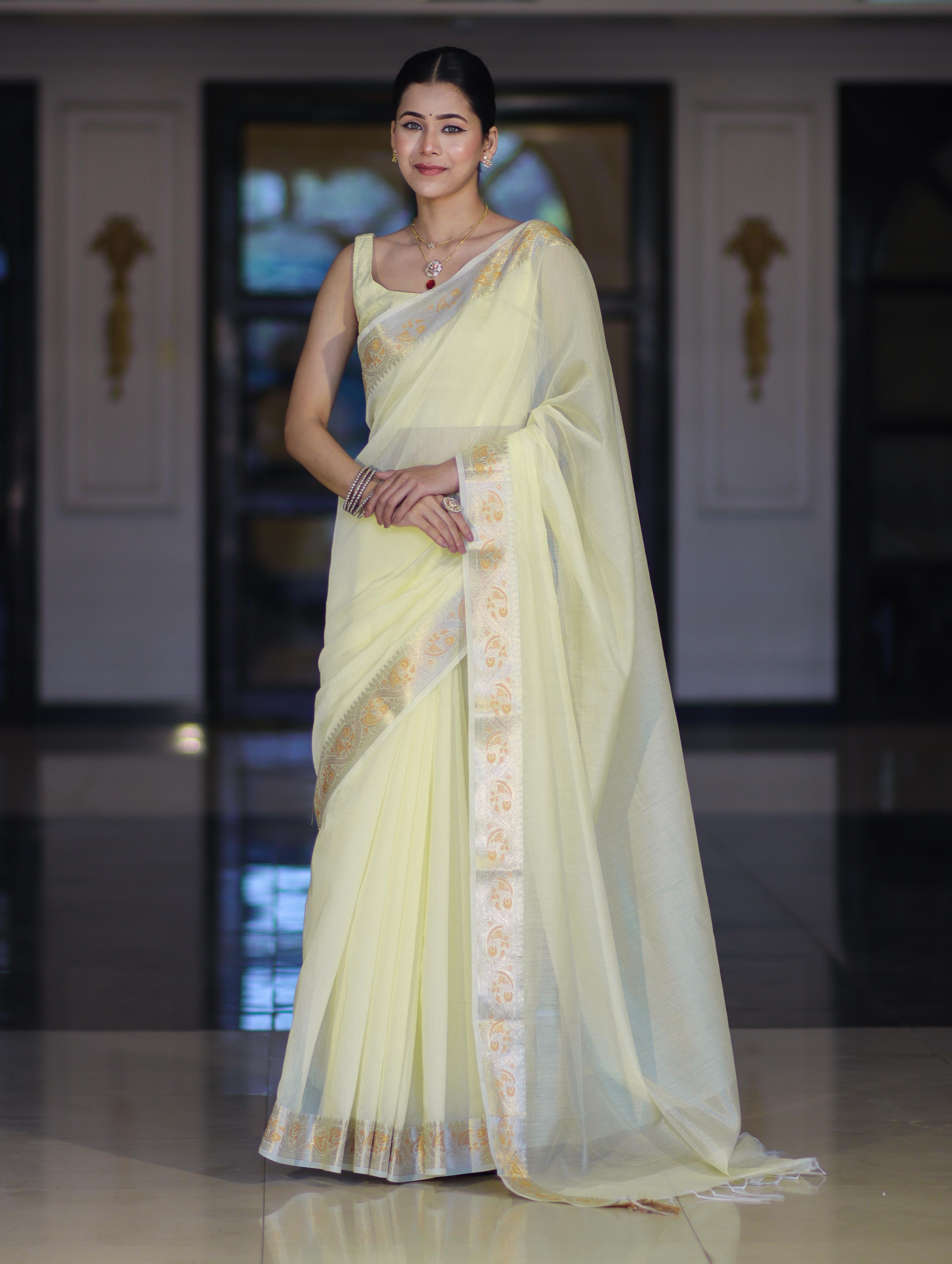 Banarasee Cotton Silk Plain Saree With Floral Zari Border-Light Yellow