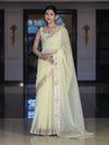 Banarasee Cotton Silk Plain Saree With Floral Zari Border-Light Yellow
