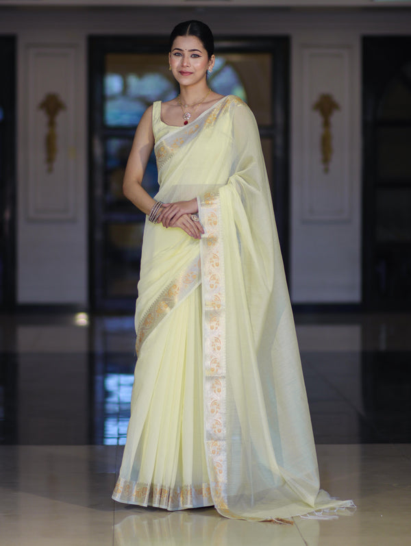 Banarasee Cotton Silk Plain Saree With Floral Zari Border-Light Yellow