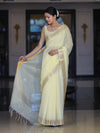 Banarasee Cotton Silk Plain Saree With Floral Zari Border-Light Yellow