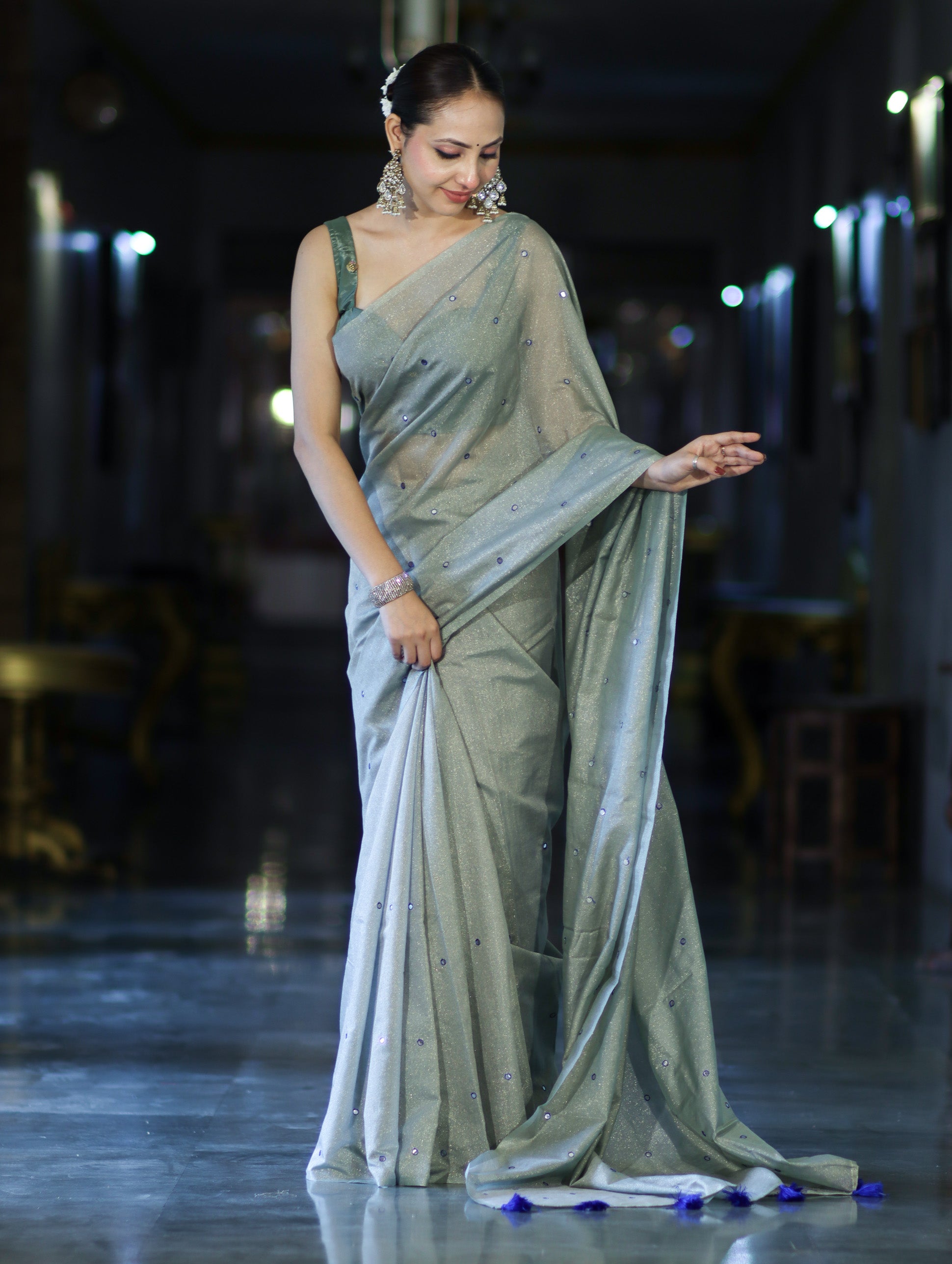 Banarasee Handwoven Semi Silk Shine Saree With Mirror Work-Light Green