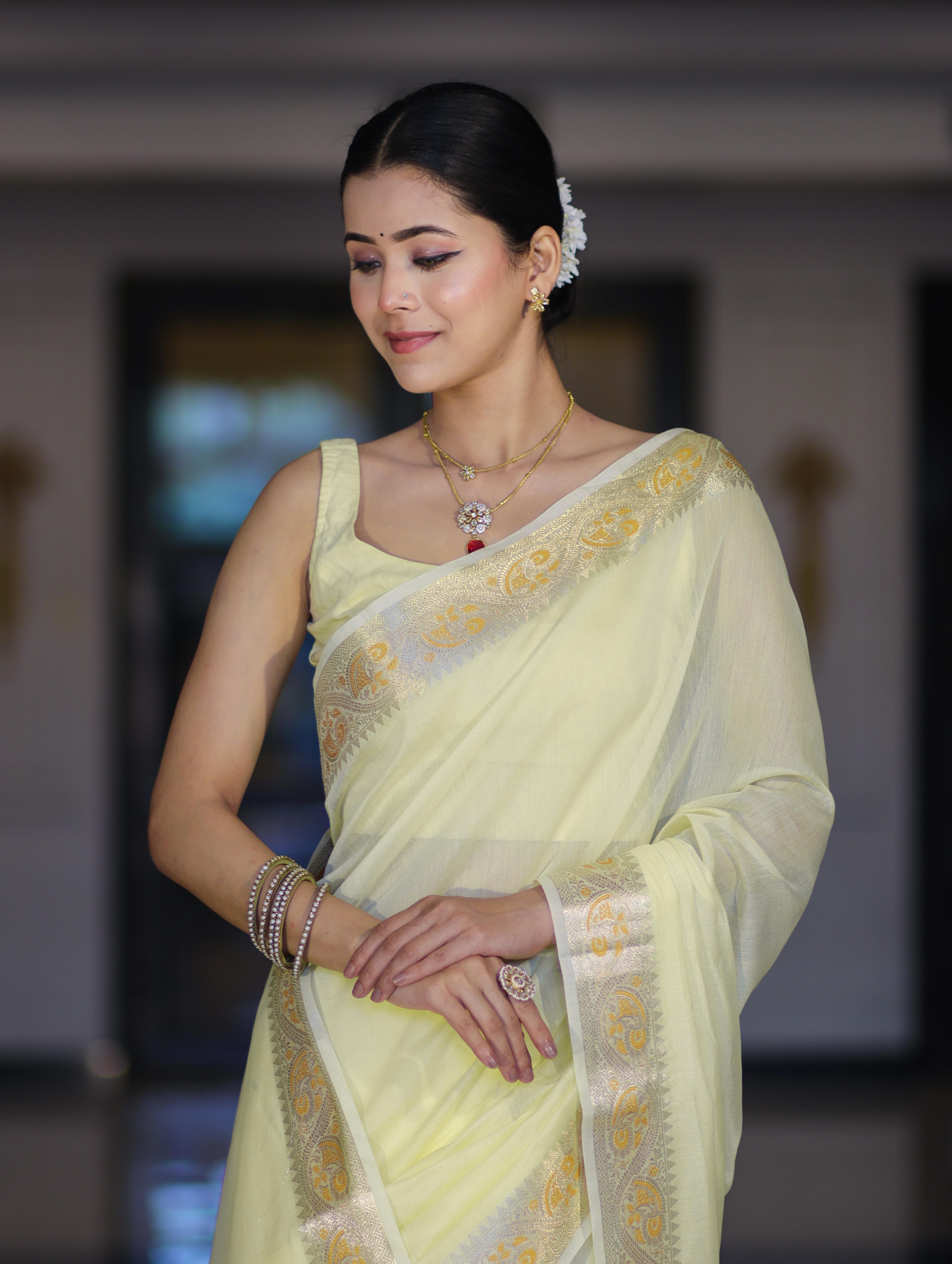Banarasee Cotton Silk Plain Saree With Floral Zari Border-Light Yellow