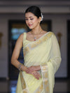Banarasee Cotton Silk Plain Saree With Floral Zari Border-Light Yellow