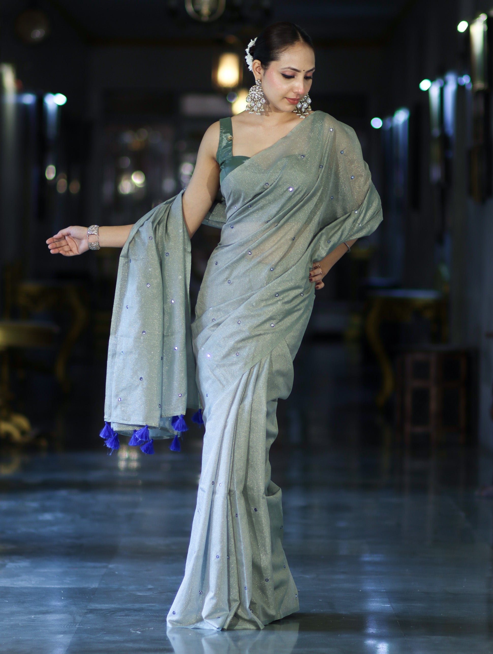 Banarasee Handwoven Semi Silk Shine Saree With Mirror Work-Light Green