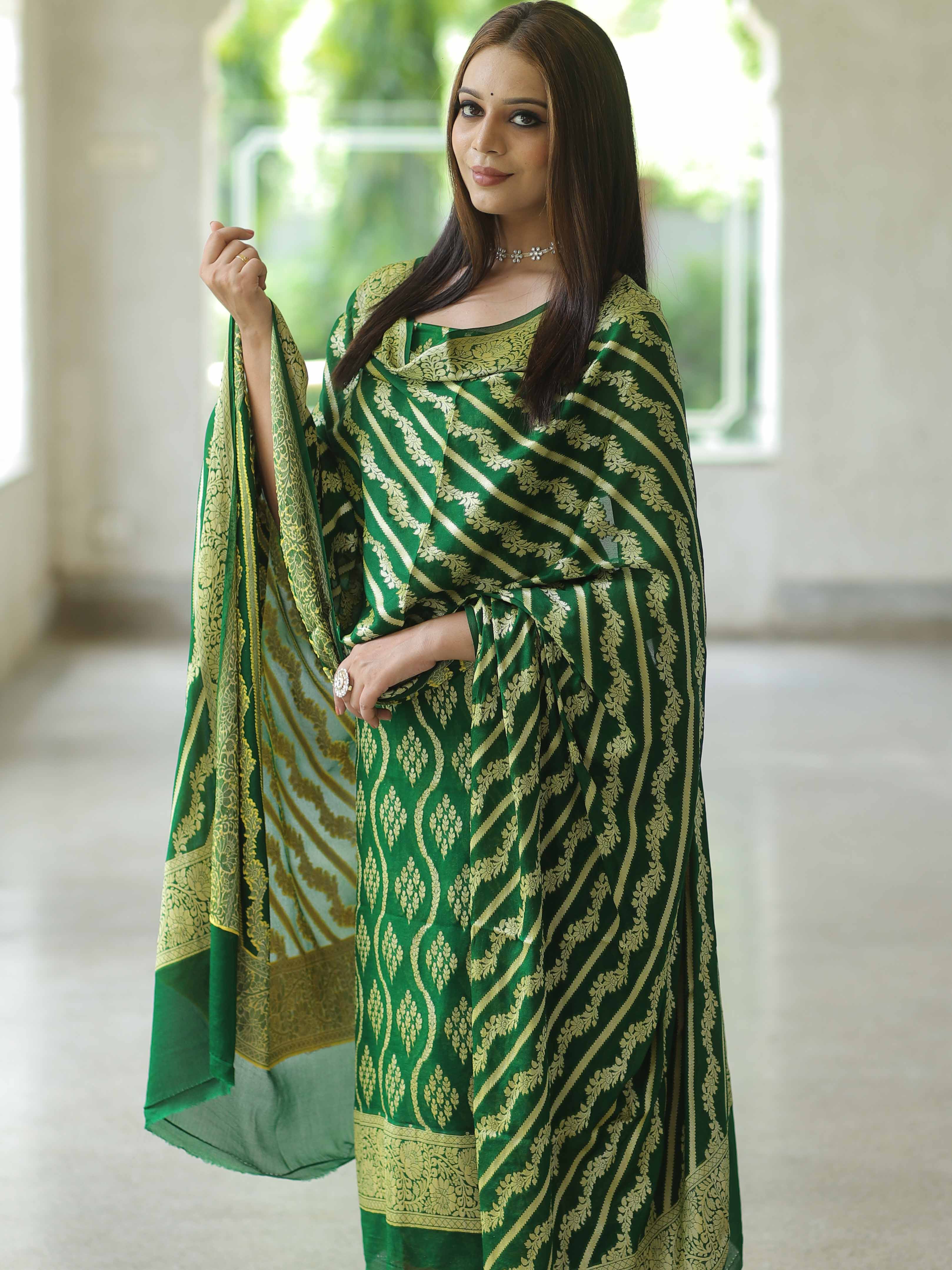 Banarasee Handloom Pure Chiffon Silk Kameez Fabric With Dupatta-Green