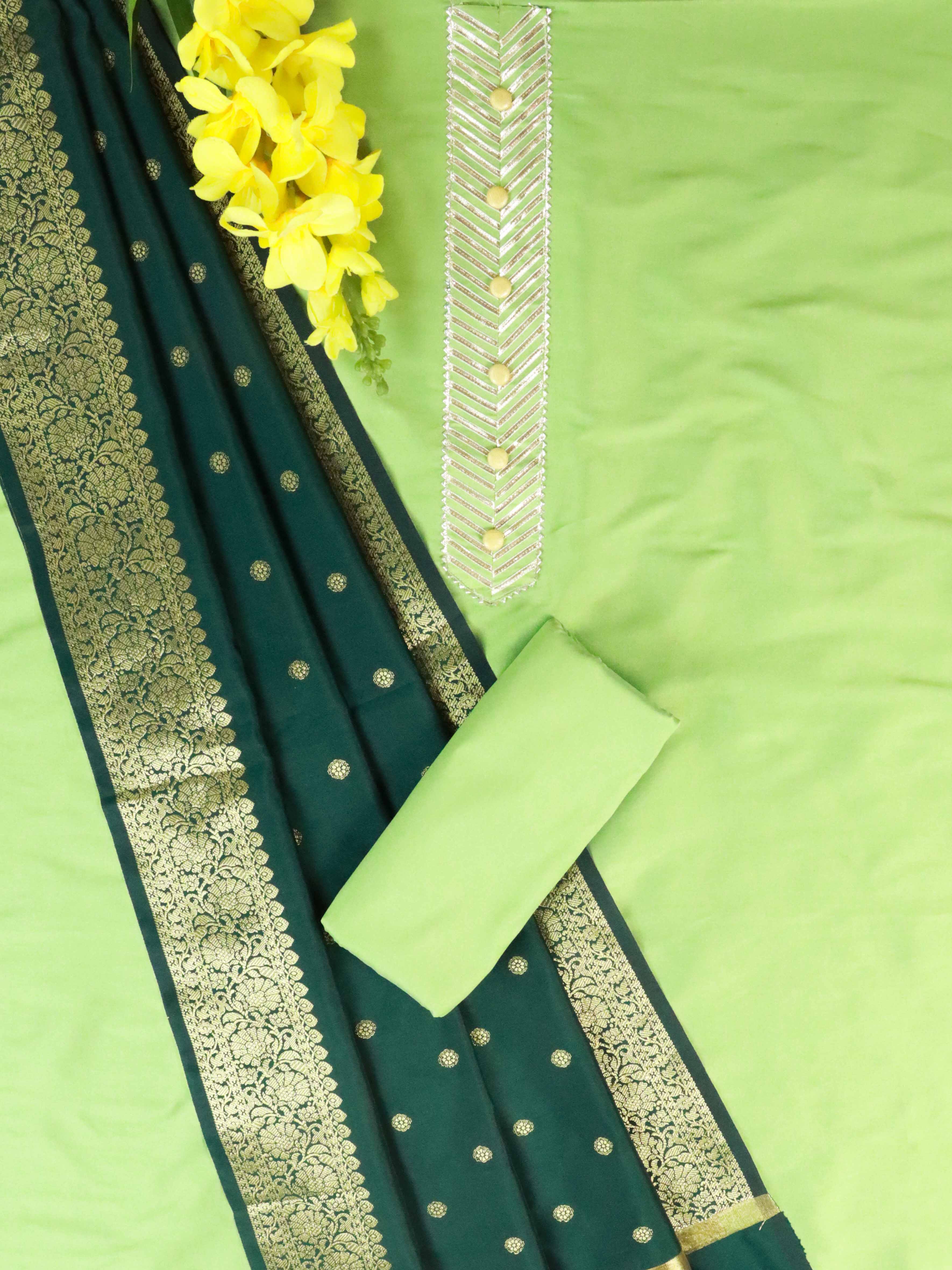 Banarasee Semi-Silk Salwar Kameez With Yoke & Dupatta-Green