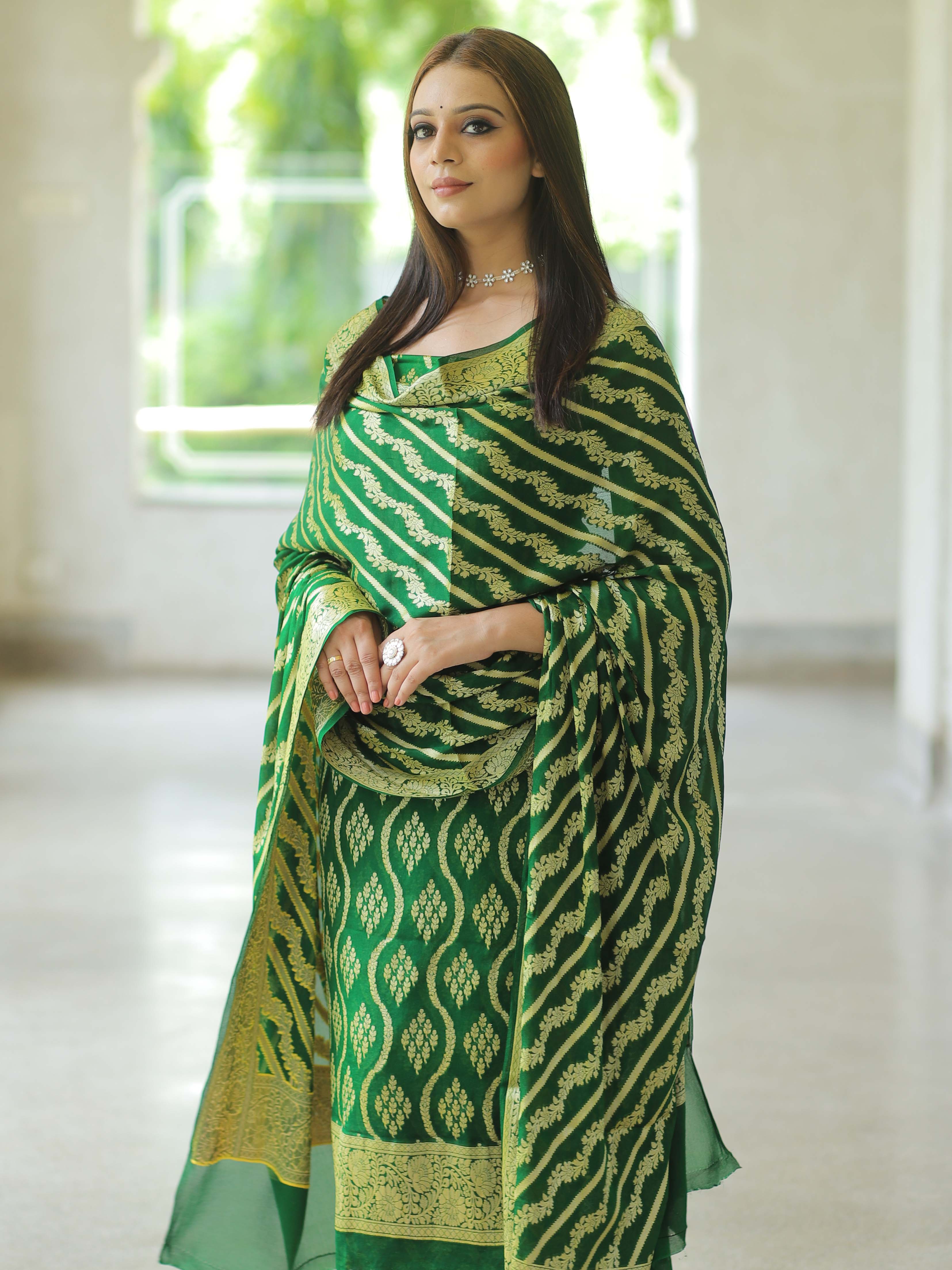 Banarasee Handloom Pure Chiffon Silk Kameez Fabric With Dupatta-Green