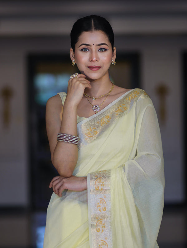 Banarasee Cotton Silk Plain Saree With Floral Zari Border-Light Yellow