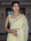 Banarasee Cotton Silk Plain Saree With Floral Zari Border-Light Yellow