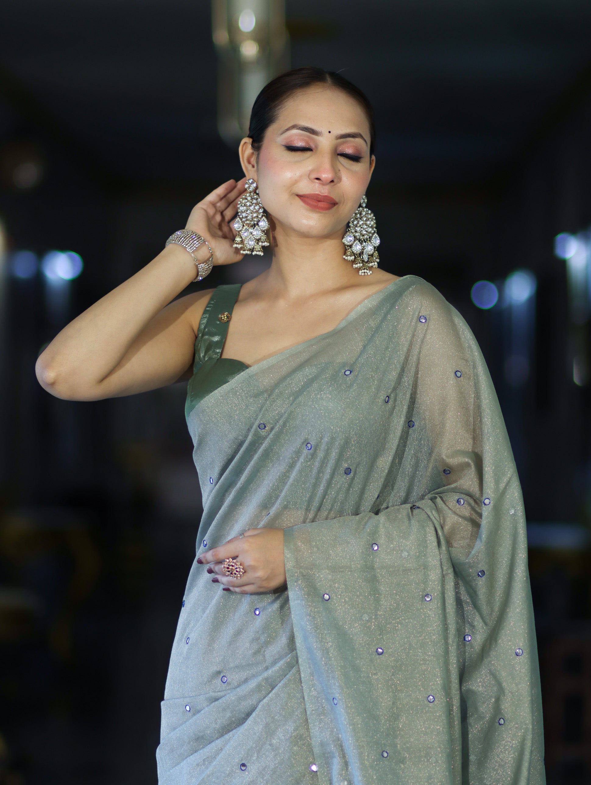 Banarasee Handwoven Semi Silk Shine Saree With Mirror Work-Light Green