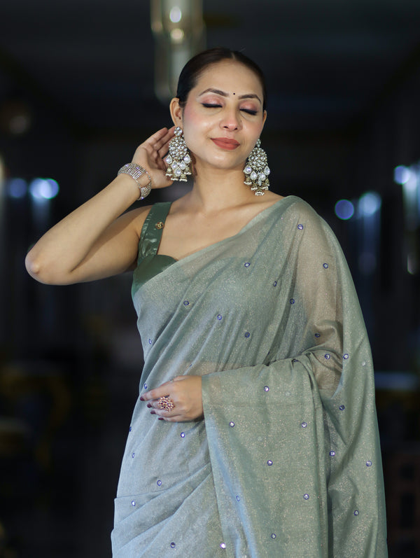 Banarasee Handwoven Semi Silk Shine Saree With Mirror Work-Light Green