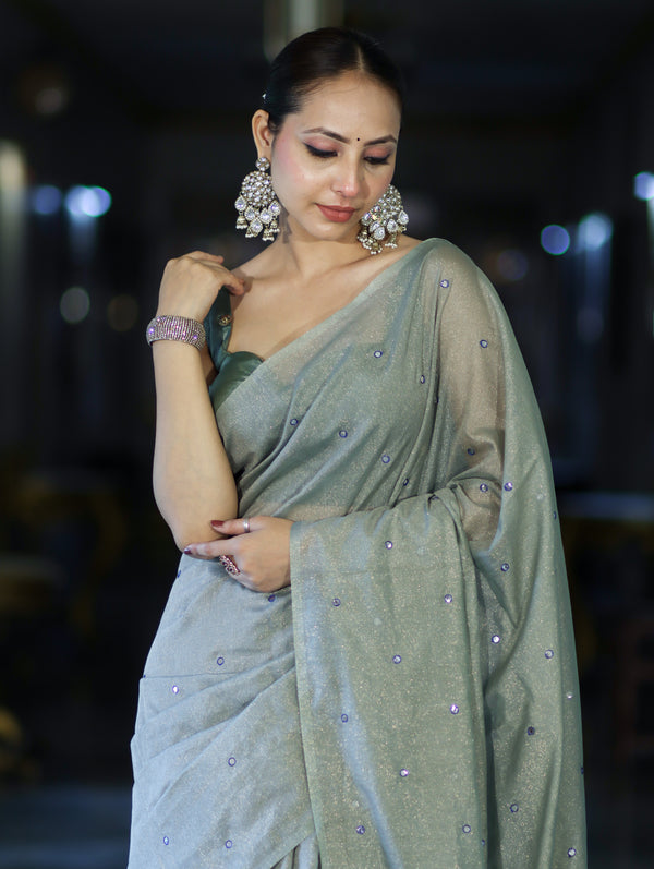 Banarasee Handwoven Semi Silk Shine Saree With Mirror Work-Light Green