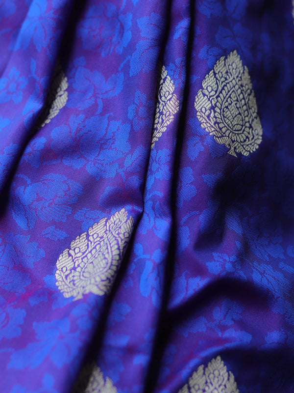 Banarasee Handwoven Semi-Katan Tanchoi Weaving Floral Border Saree-Violet