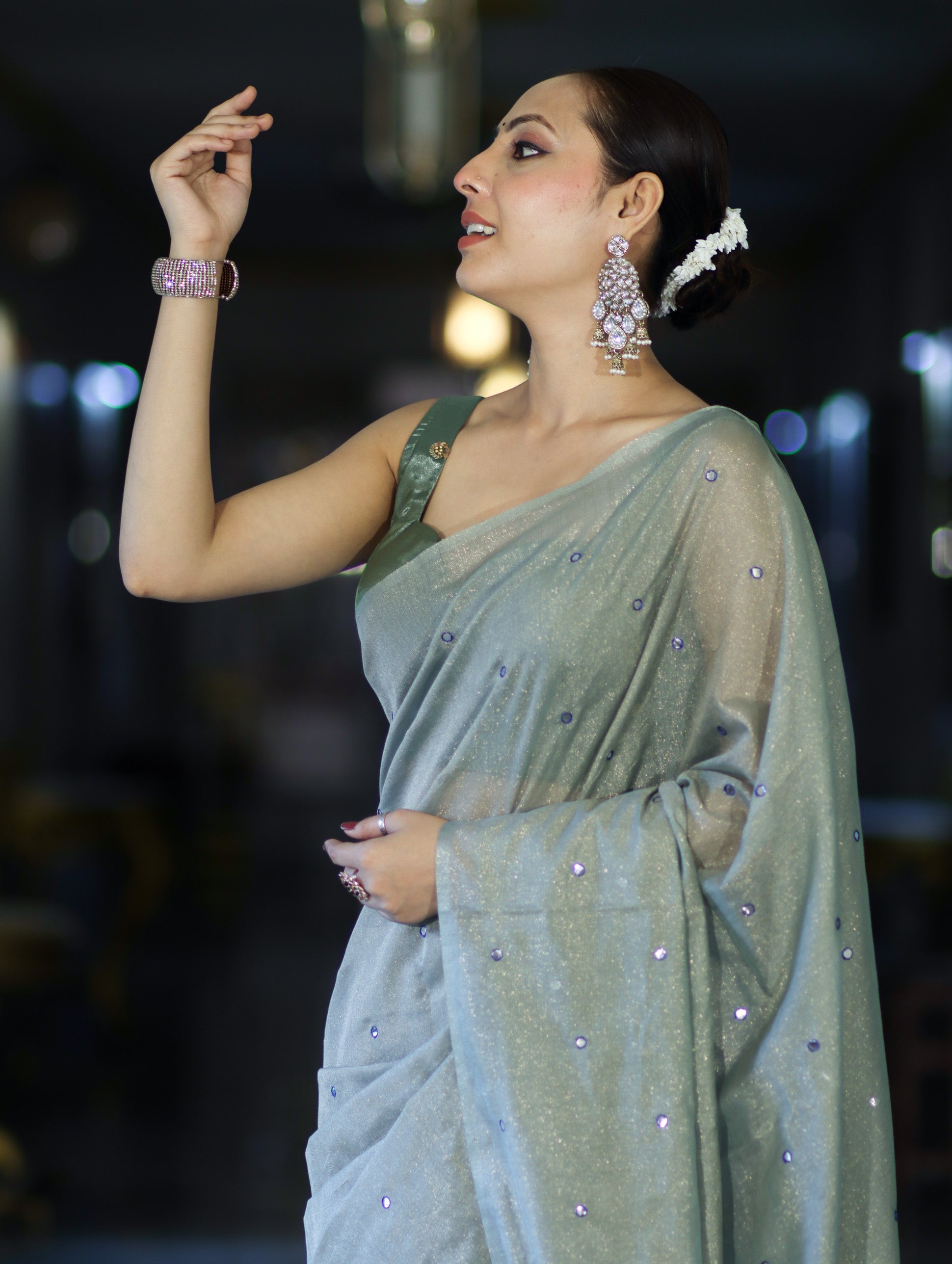 Banarasee Handwoven Semi Silk Shine Saree With Mirror Work-Light Green