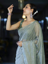 Banarasee Handwoven Semi Silk Shine Saree With Mirror Work-Light Green