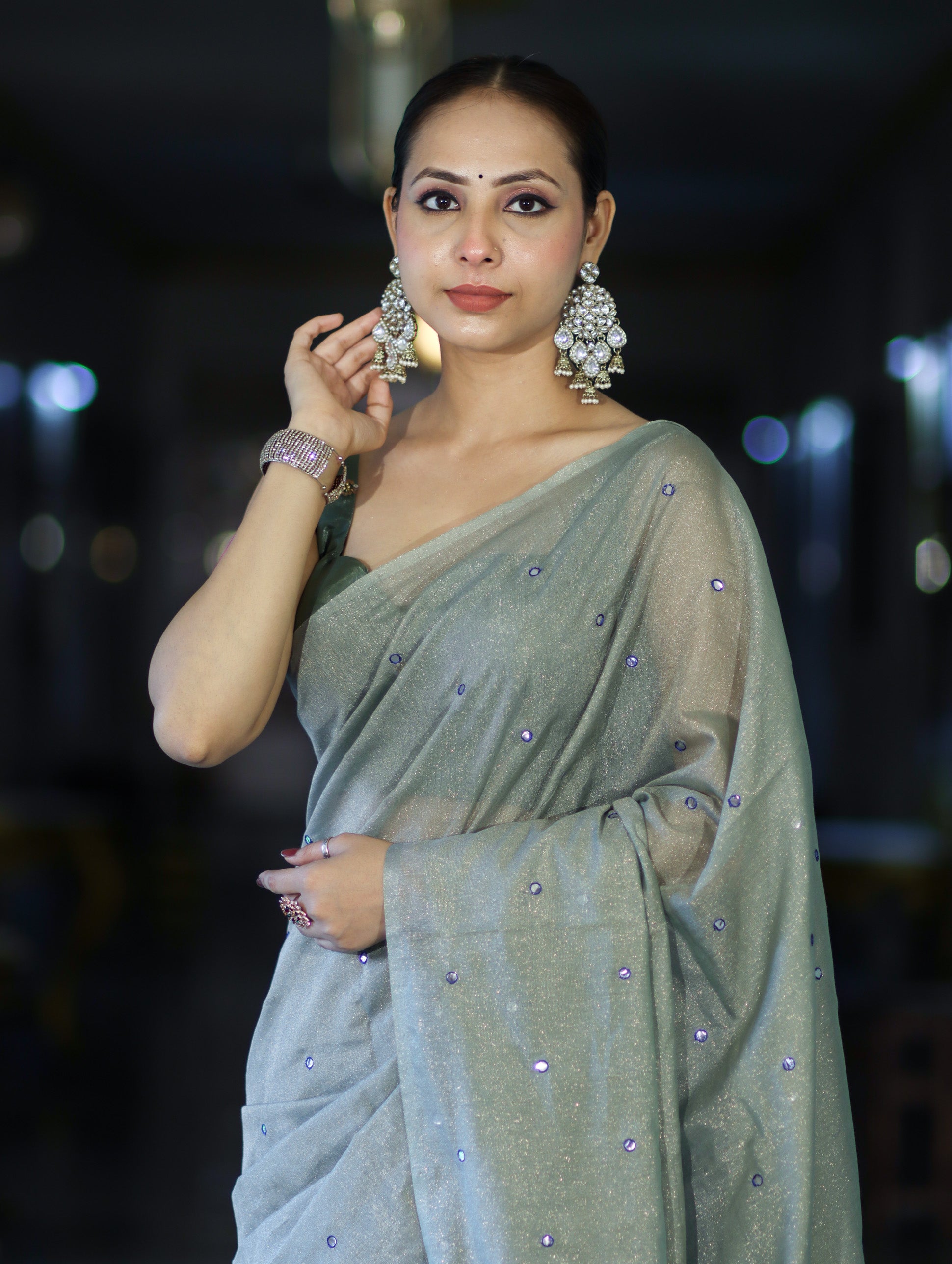 Banarasee Handwoven Semi Silk Shine Saree With Mirror Work-Light Green