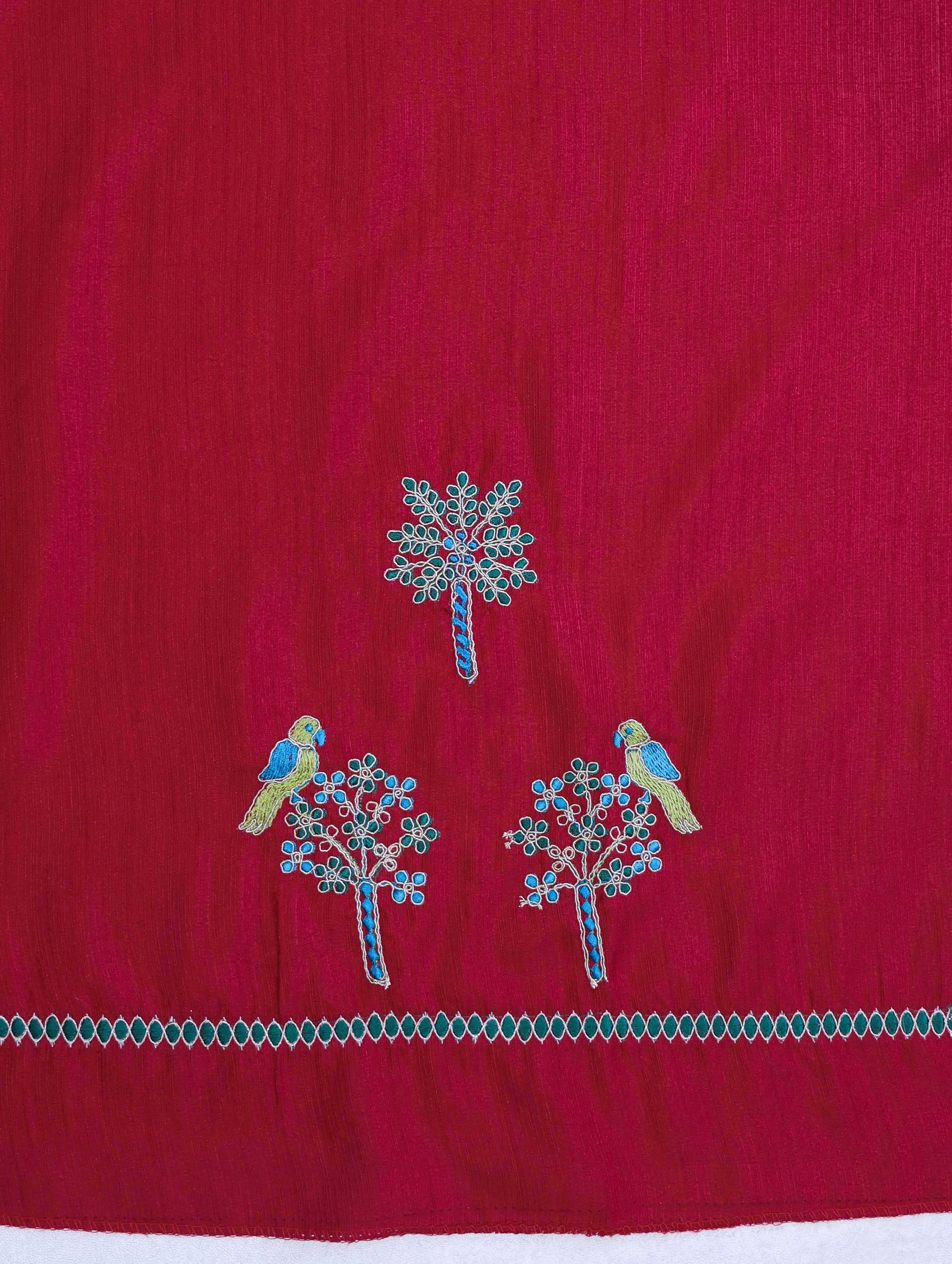 Banarasee Brasso Silk Paithani Saree With Contrast Border & Embroidered Blouse-Deep Green & Maroon