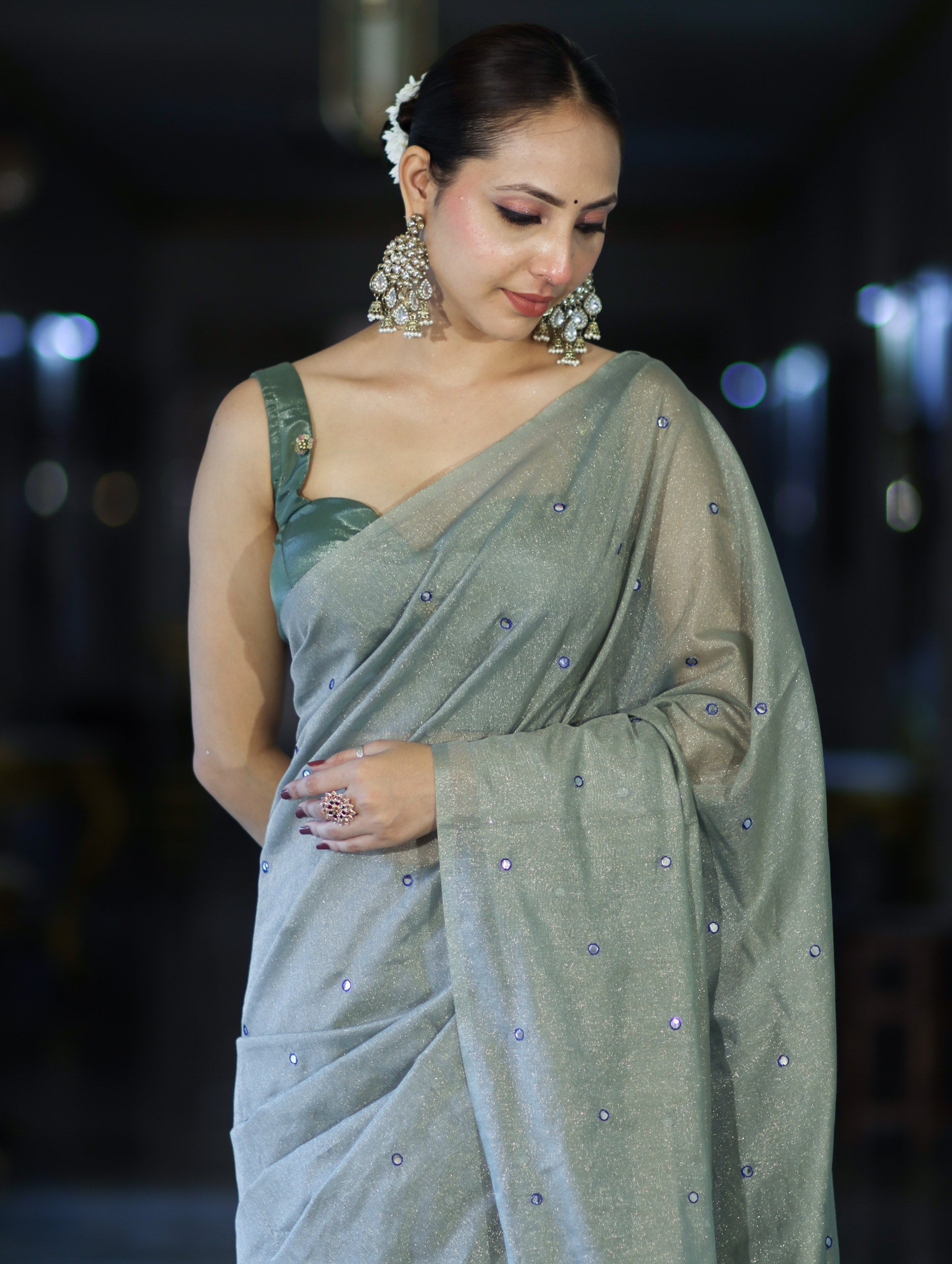 Banarasee Handwoven Semi Silk Shine Saree With Mirror Work-Light Green