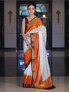 Banarasee Handloom Semi Silk Saree With Contrast Zari Border-Cream & Orange