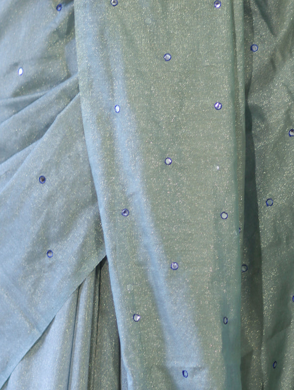 Banarasee Handwoven Semi Silk Shine Saree With Mirror Work-Light Green