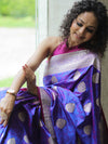 Banarasee Handwoven Semi-Katan Tanchoi Weaving Floral Border Saree-Violet