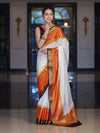 Banarasee Handloom Semi Silk Saree With Contrast Zari Border-Cream & Orange